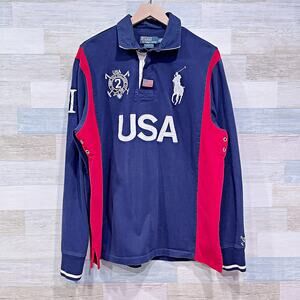 POLO Ralph Lauren Vintage Custom Fit USA Rugby Shirt Blue Long Sleeve Mens XL